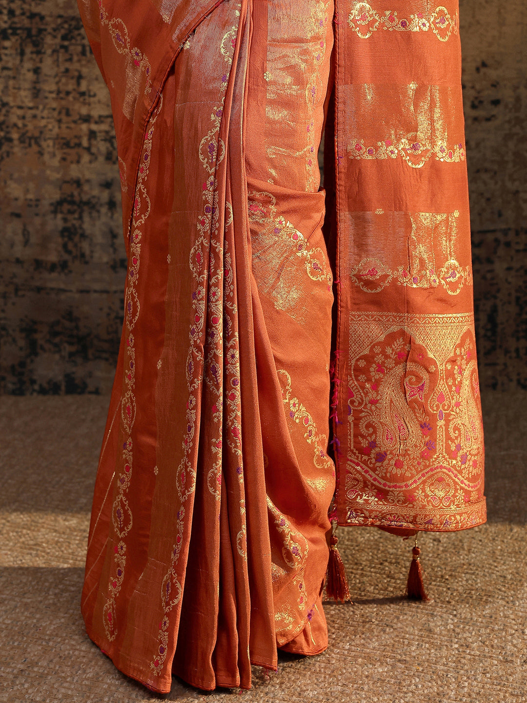  Rust Woven Design Silk Blend Saree With Unstitched Blouse Piece 