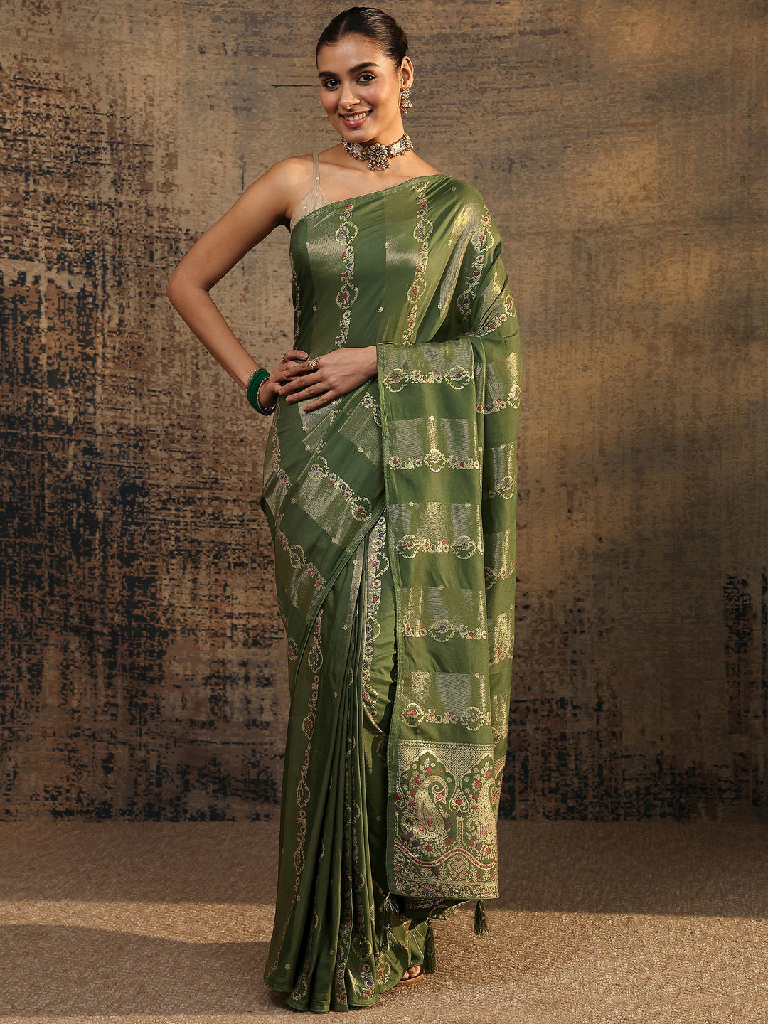  Olive Woven Design Silk Blend Saree With Unstitched Blouse Piece 