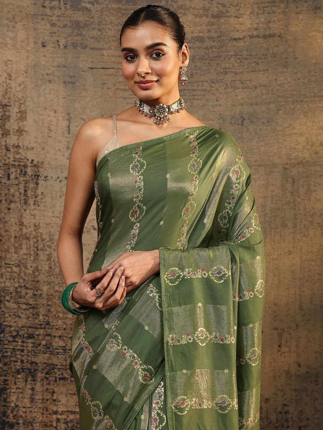 Olive Woven Design Silk Blend Saree With Unstitched Blouse Piece 