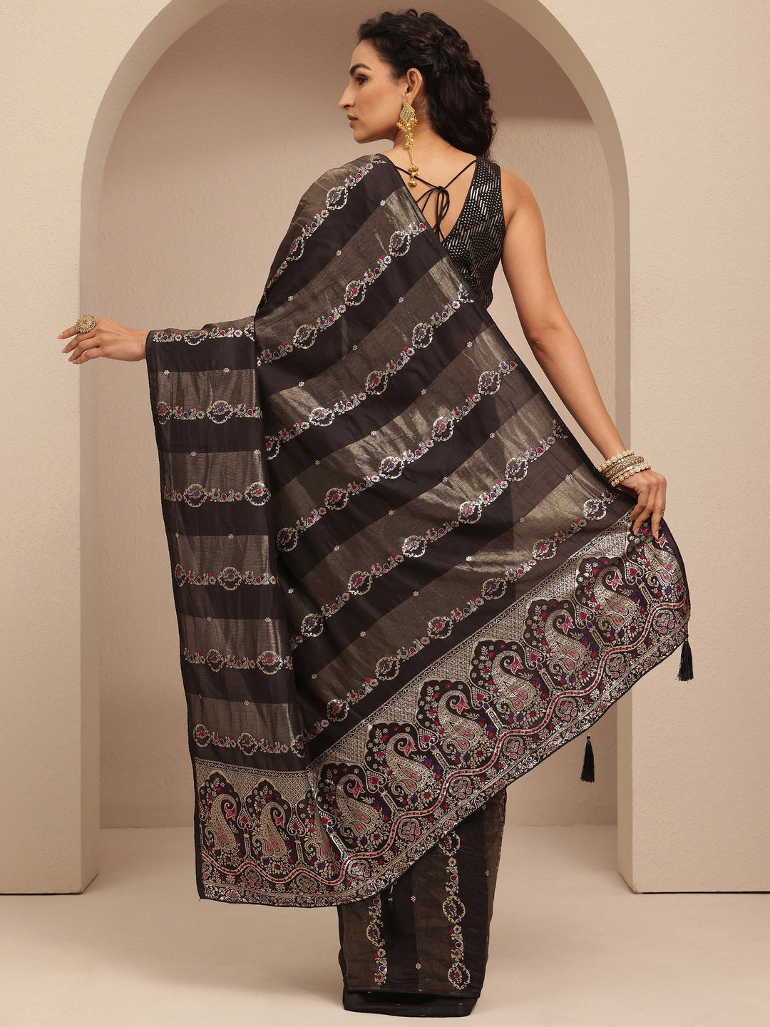  Black Woven Design Silk Blend Saree With Unstitched Blouse Piece 