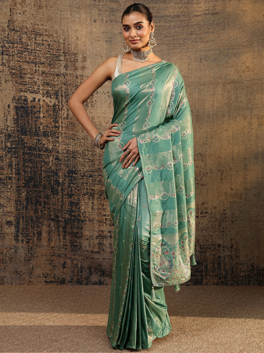  Sea Green Woven Design Silk Blend Saree With Unstitched Blouse Piece 