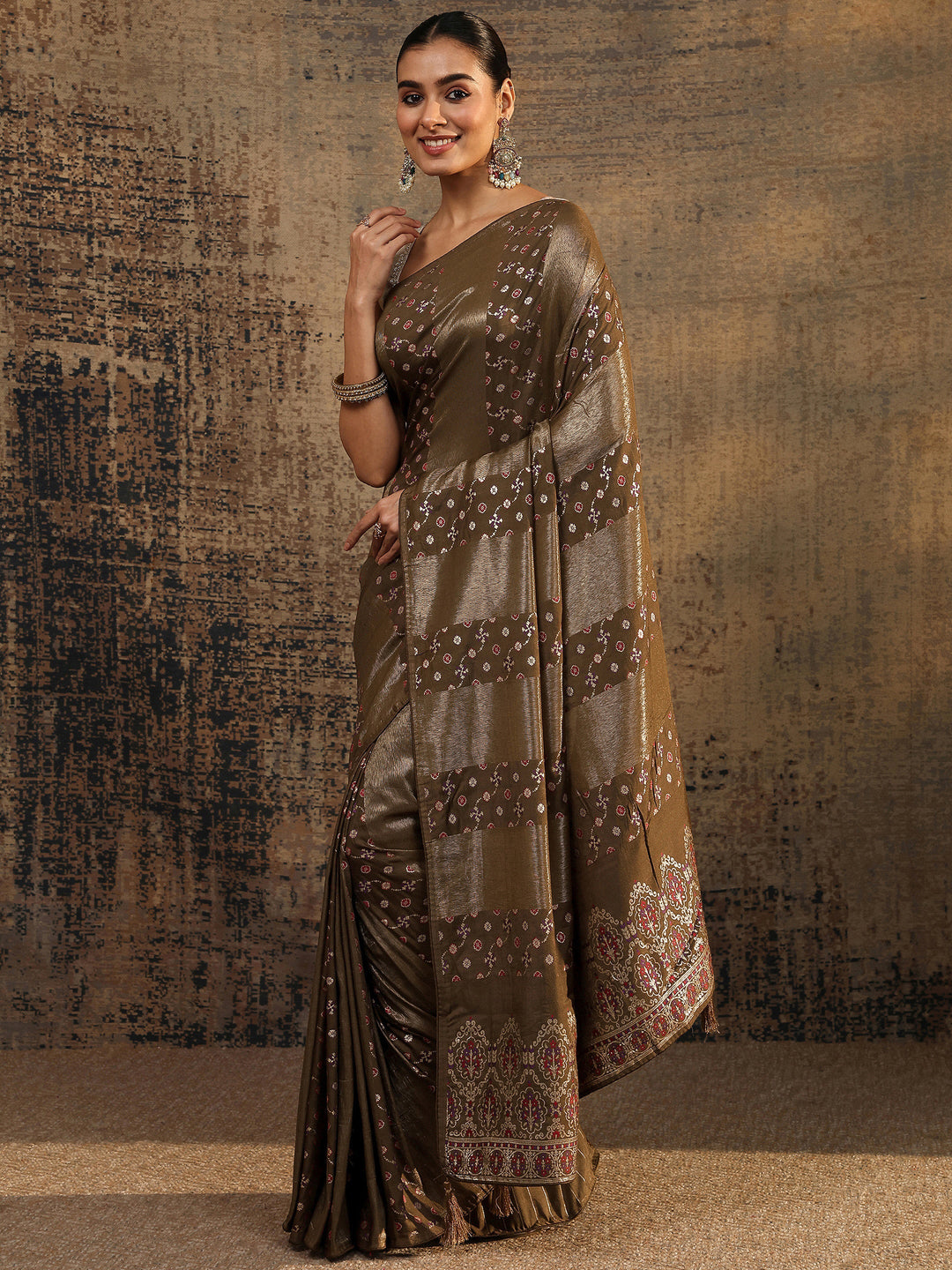  Bronze Woven Design Silk Blend Saree With Unstitched Blouse Piece 
