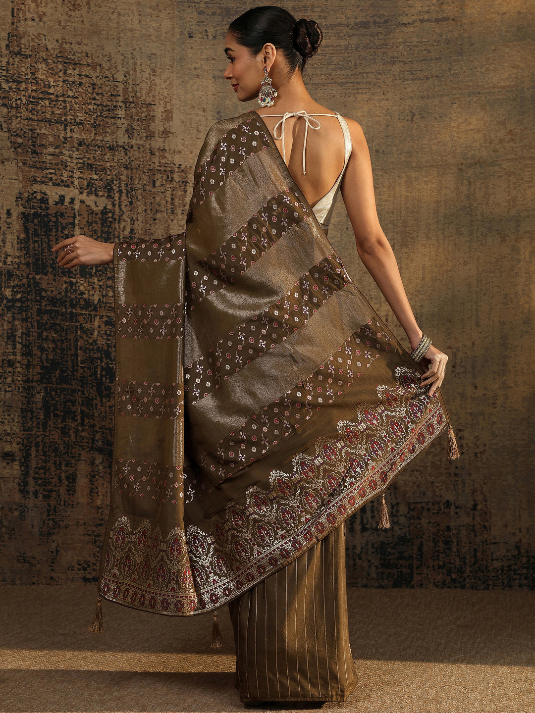  Bronze Woven Design Silk Blend Saree With Unstitched Blouse Piece 