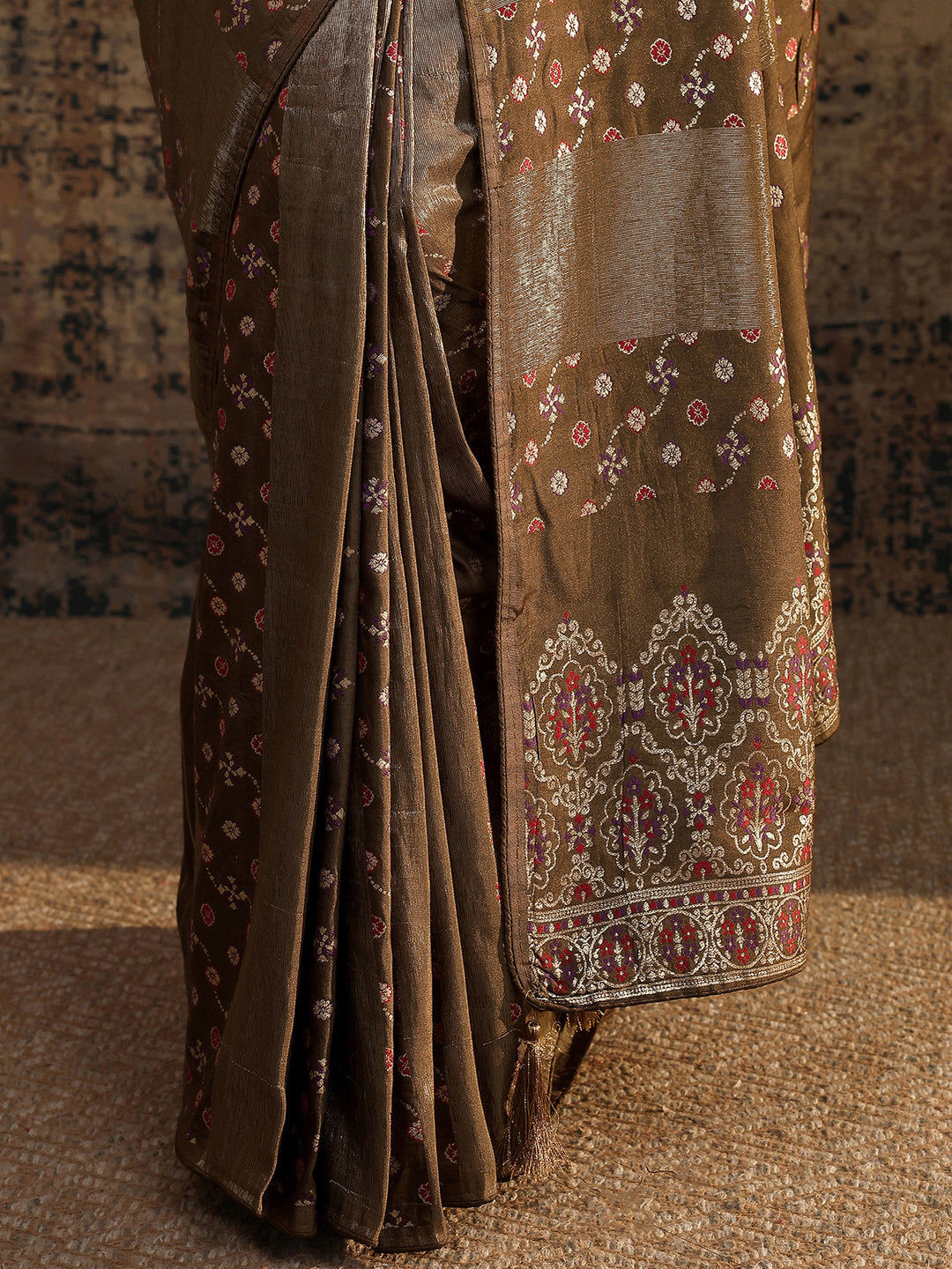  Bronze Woven Design Silk Blend Saree With Unstitched Blouse Piece 