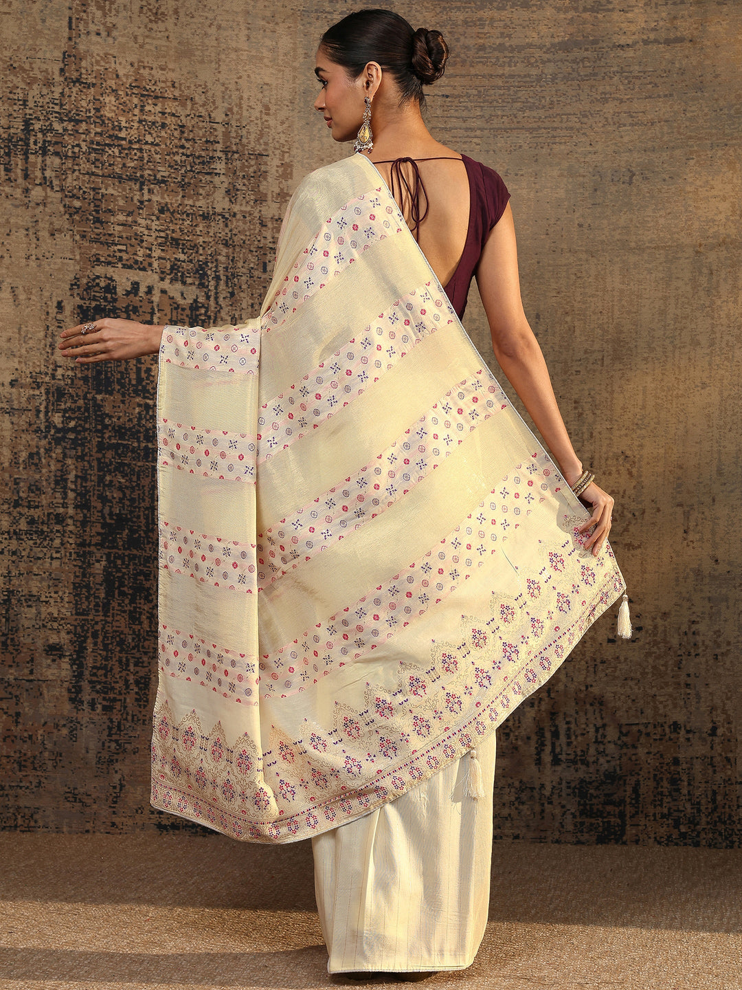  Cream Woven Design Silk Blend Saree With Unstitched Blouse Piece 