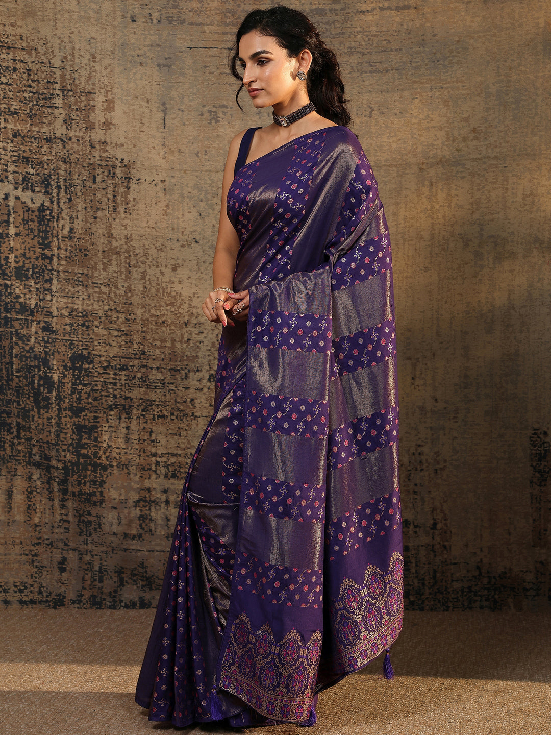  Purple Woven Design Silk Blend Banarasi Saree With Unstitched Blouse Piece 