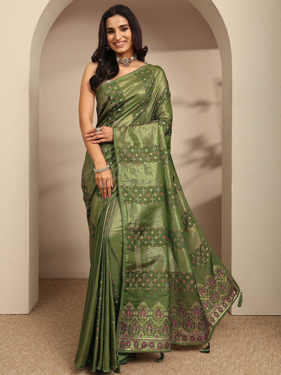  Green Woven Design Silk Blend Saree With Unstitched Blouse Piece 