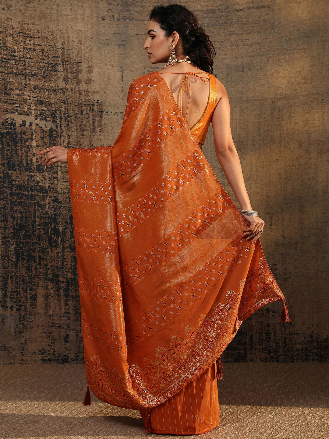  Orange Woven Design Silk Blend Saree With Unstitched Blouse Piece 