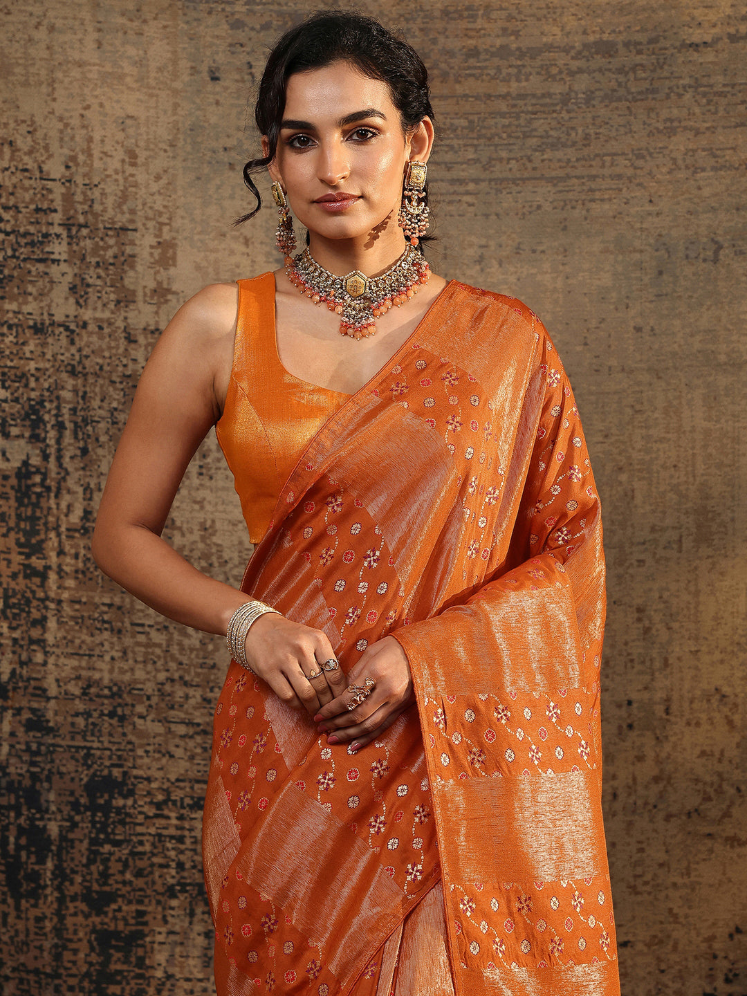  Orange Woven Design Silk Blend Saree With Unstitched Blouse Piece 