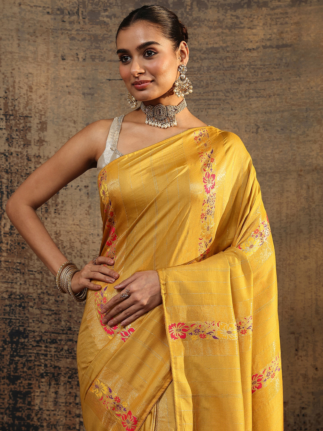 Yellow Woven Design Silk Blend Saree With Unstitched Blouse Piece 