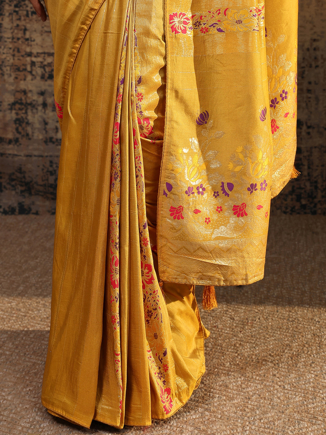  Yellow Woven Design Silk Blend Saree With Unstitched Blouse Piece 