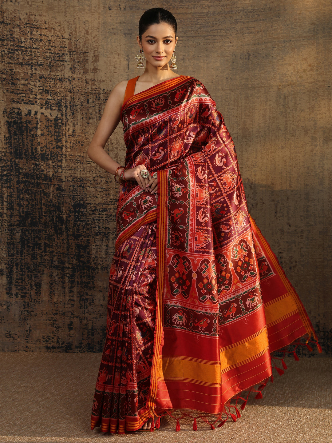  Multi Tribal Printed Silk Saree With Unstitched Blouse Piece 