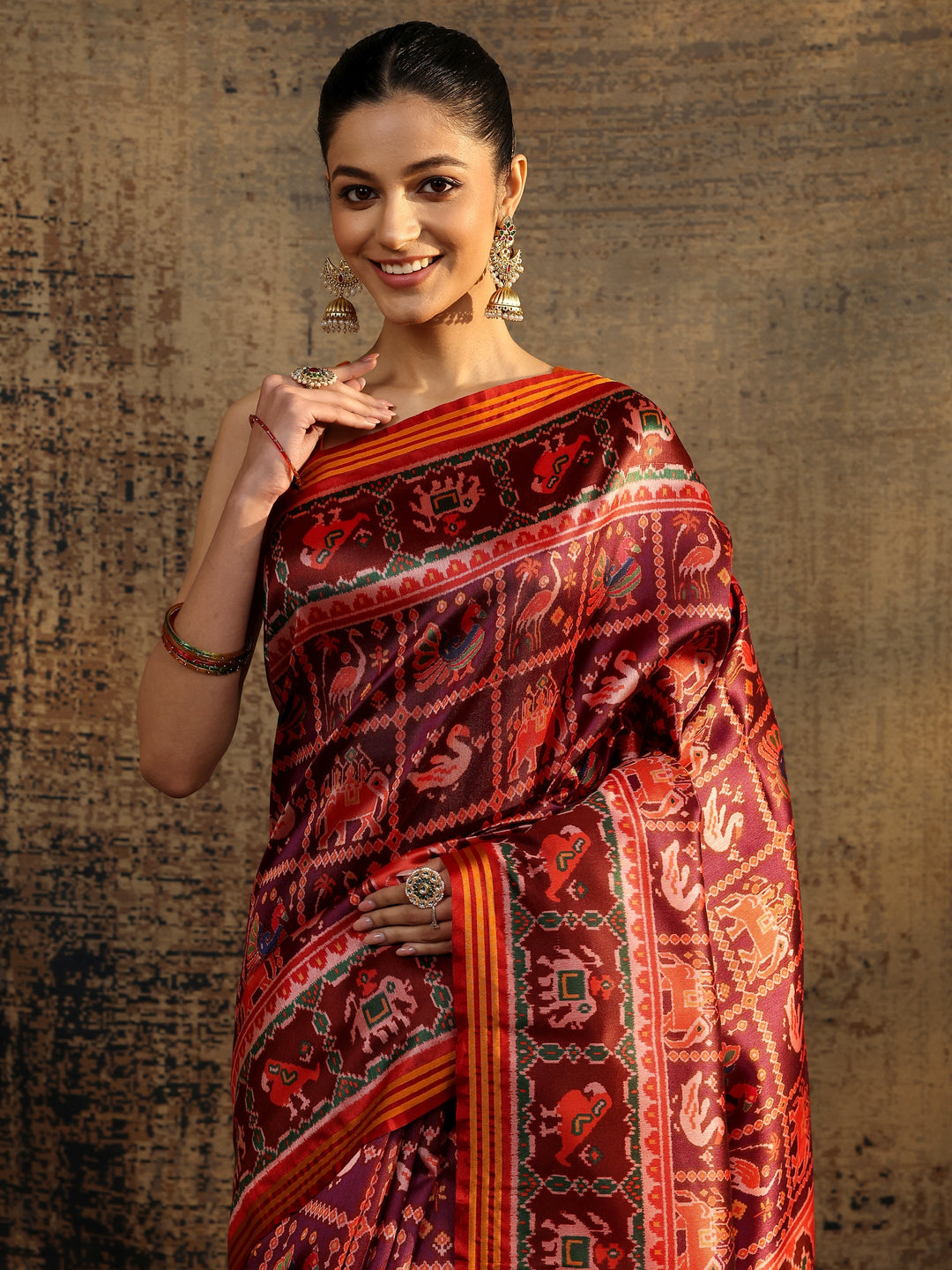 Multi Tribal Printed Silk Saree With Unstitched Blouse Piece 