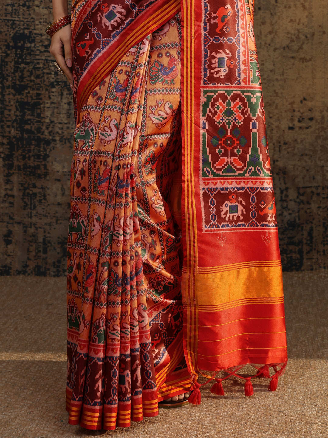  Multi Tribal Printed Silk Saree With Unstitched Blouse Piece 