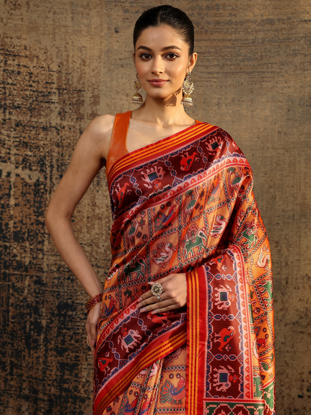  Multi Tribal Printed Silk Saree With Unstitched Blouse Piece 