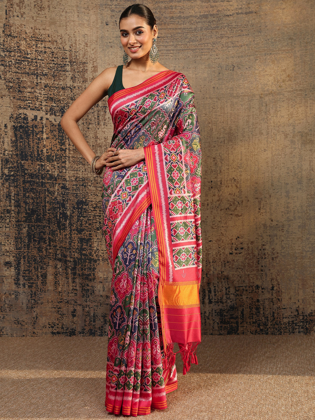  Multi Ikat Printed Silk Saree With Unstitched Blouse Piece 