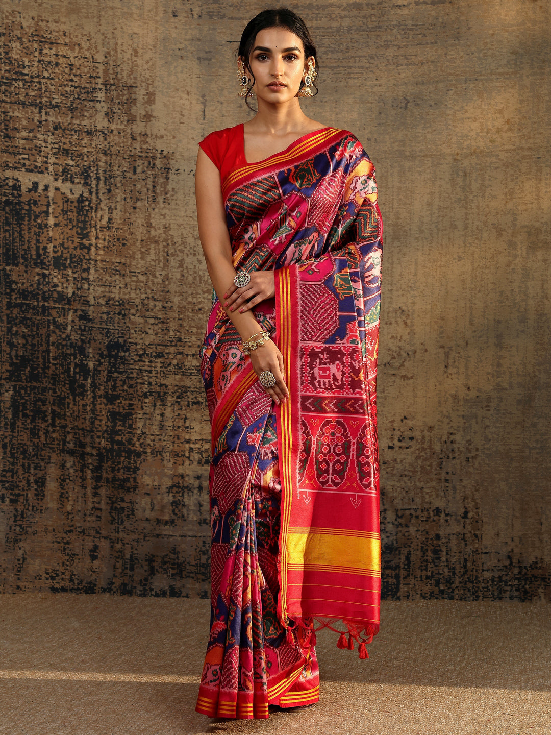  Multi Printed Silk Saree With Unstitched Blouse Piece 