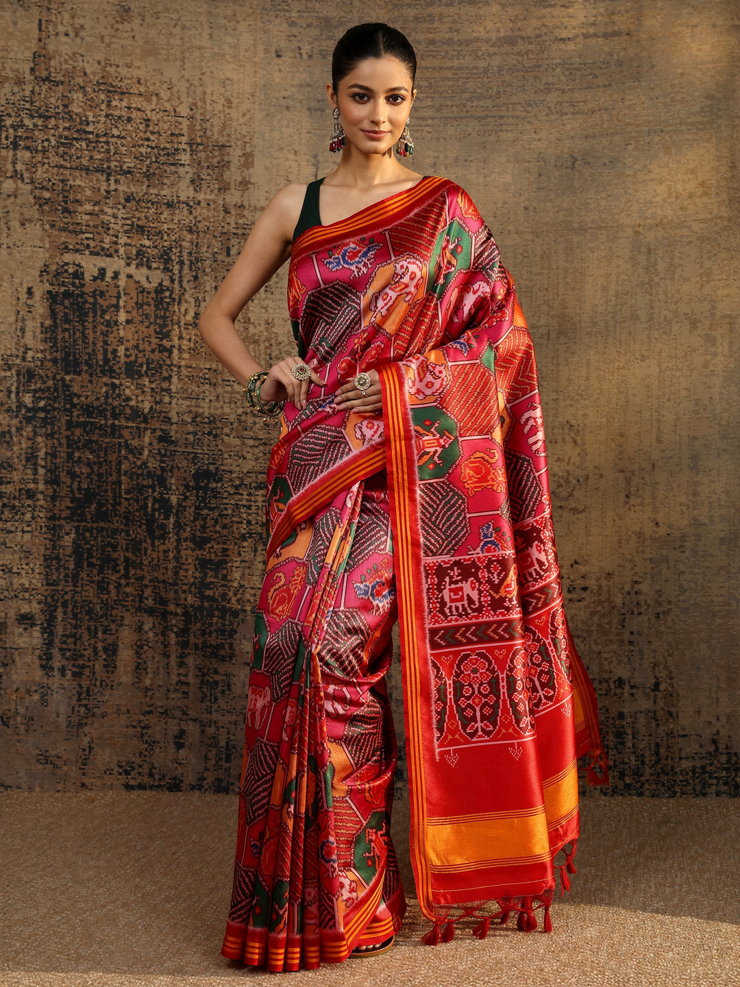  Multi Printed Silk Saree With Unstitched Blouse Piece 
