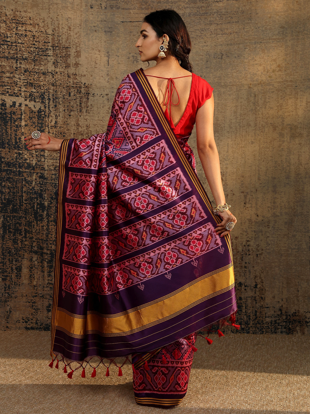  Purple Printed Silk Saree With Unstitched Blouse Piece 