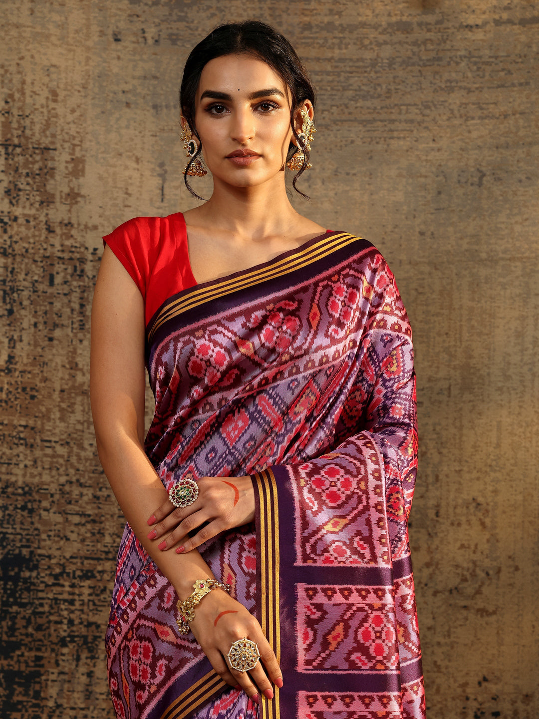  Purple Printed Silk Saree With Unstitched Blouse Piece 