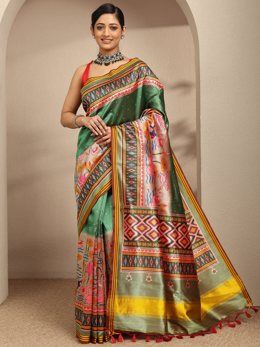  Multi Printed Silk Saree With Unstitched Blouse Piece 