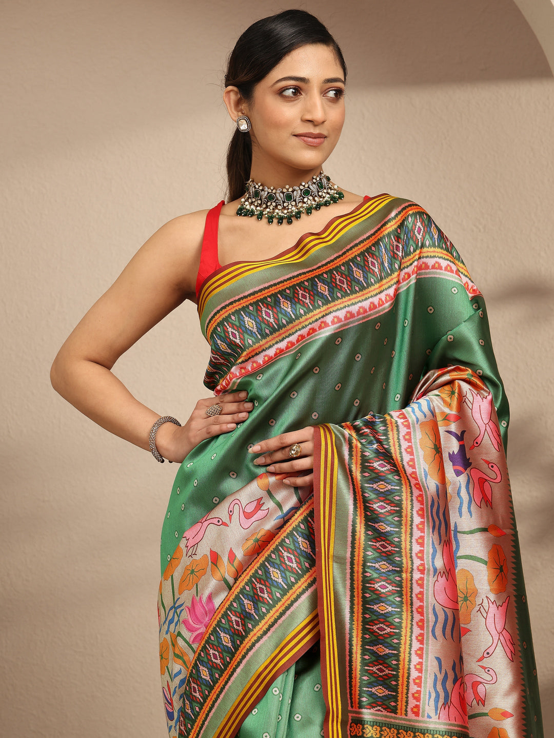  Multi Printed Silk Saree With Unstitched Blouse Piece 