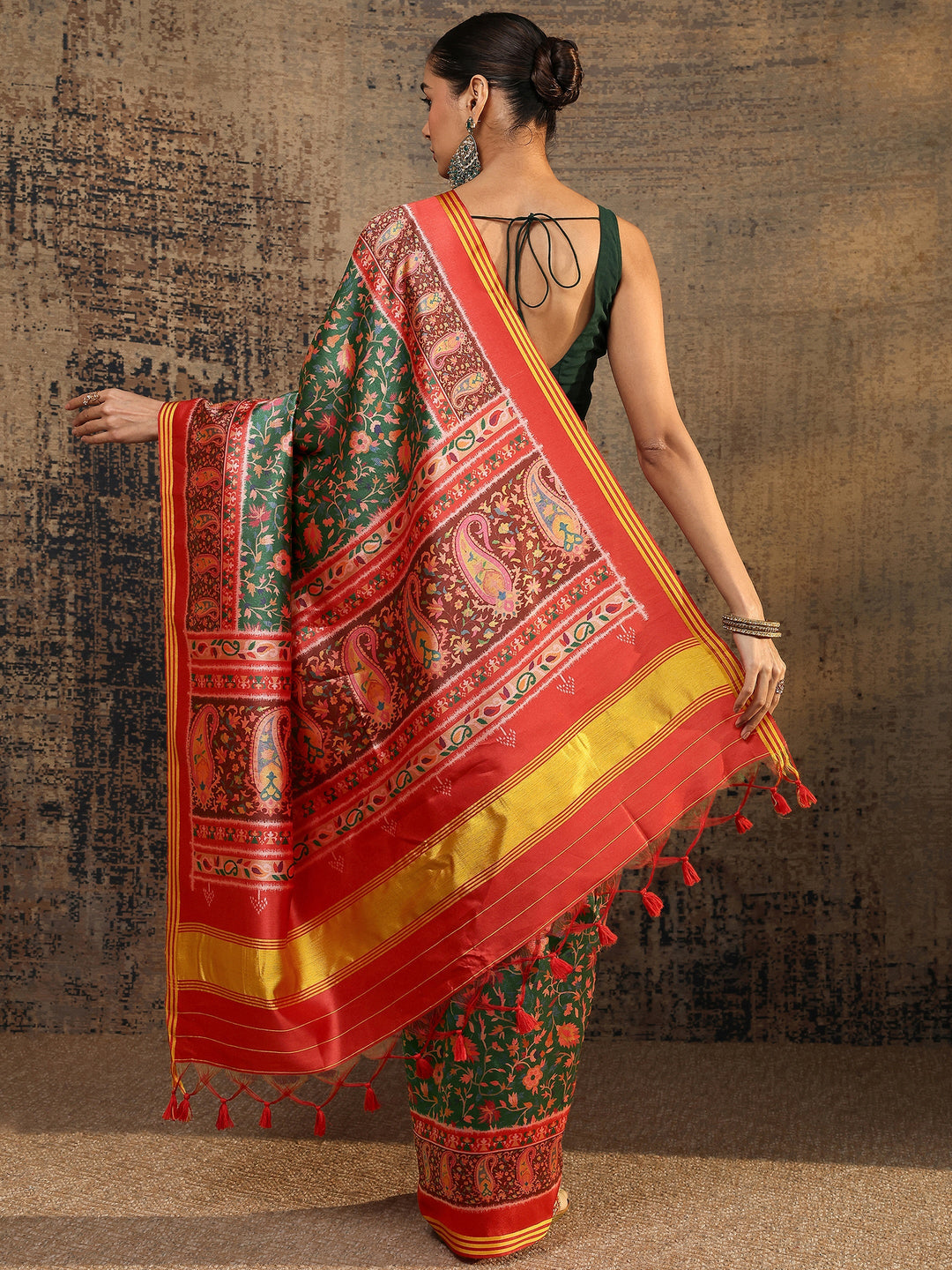  Green Printed Silk Baluchari Saree With Unstitched Blouse Piece 