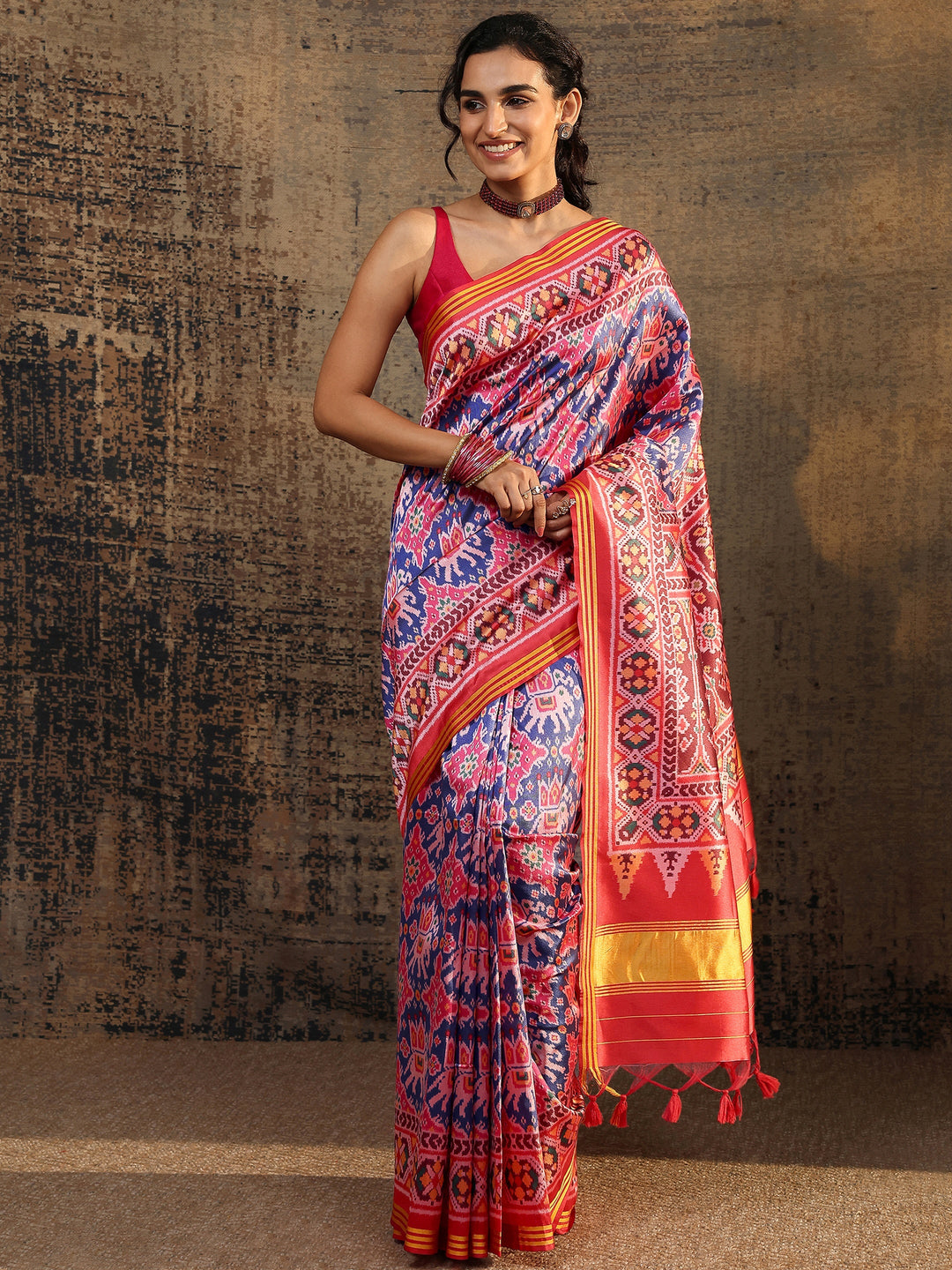  Red Ikat Printed Silk Saree With Unstitched Blouse Piece 