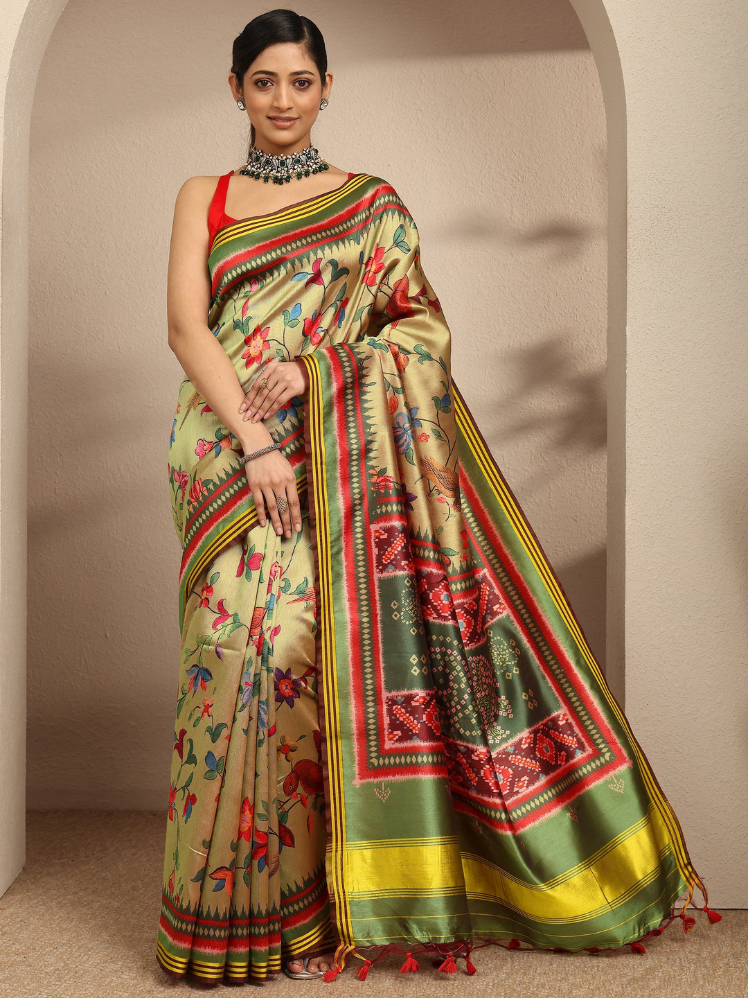  Green Printed Silk Saree With Unstitched Blouse Piece 