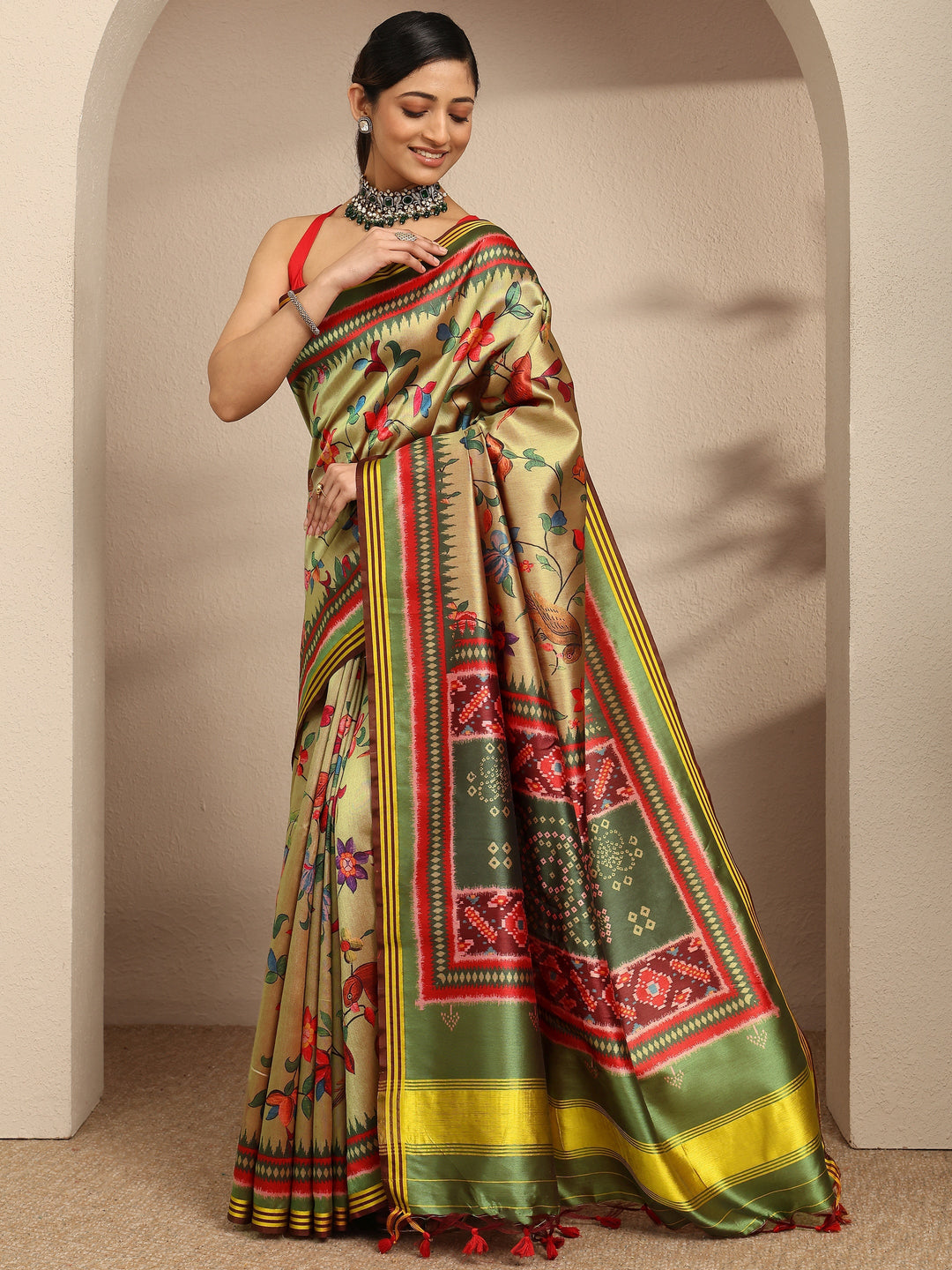  Green Printed Silk Saree With Unstitched Blouse Piece 