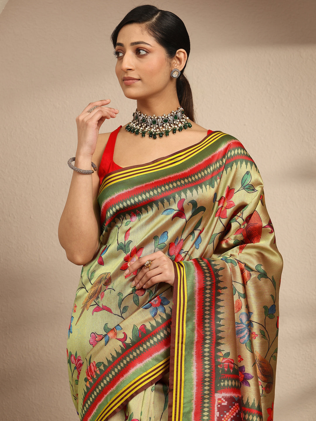  Green Printed Silk Saree With Unstitched Blouse Piece 