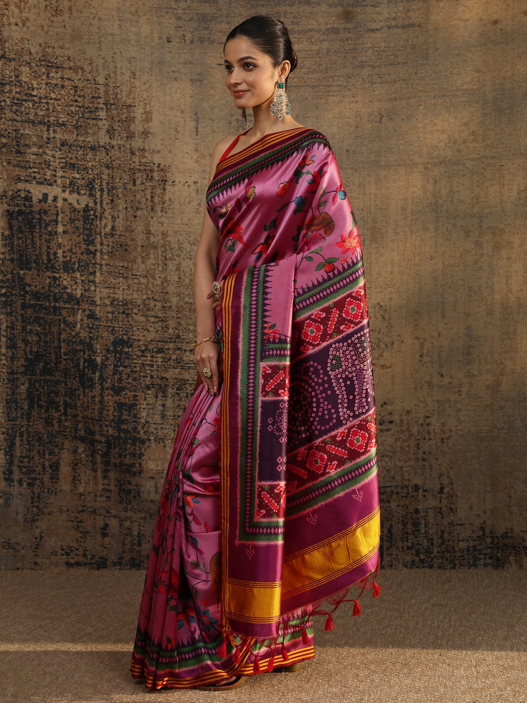  Purple Printed Silk Saree With Unstitched Blouse Piece 