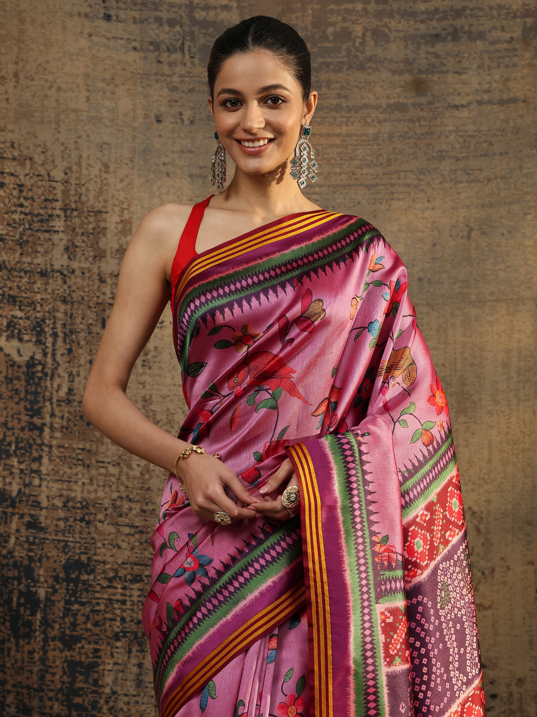  Purple Printed Silk Saree With Unstitched Blouse Piece 