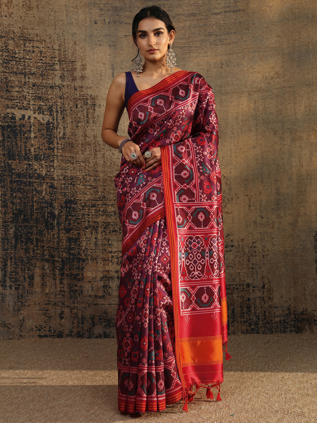  Purple Printed Silk Saree With Unstitched Blouse Piece 