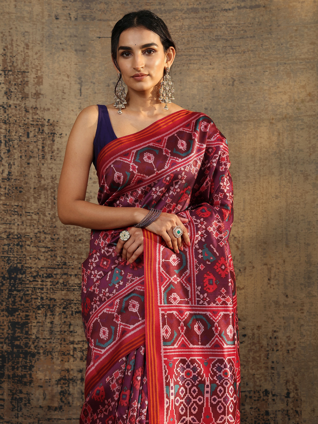  Purple Printed Silk Saree With Unstitched Blouse Piece 