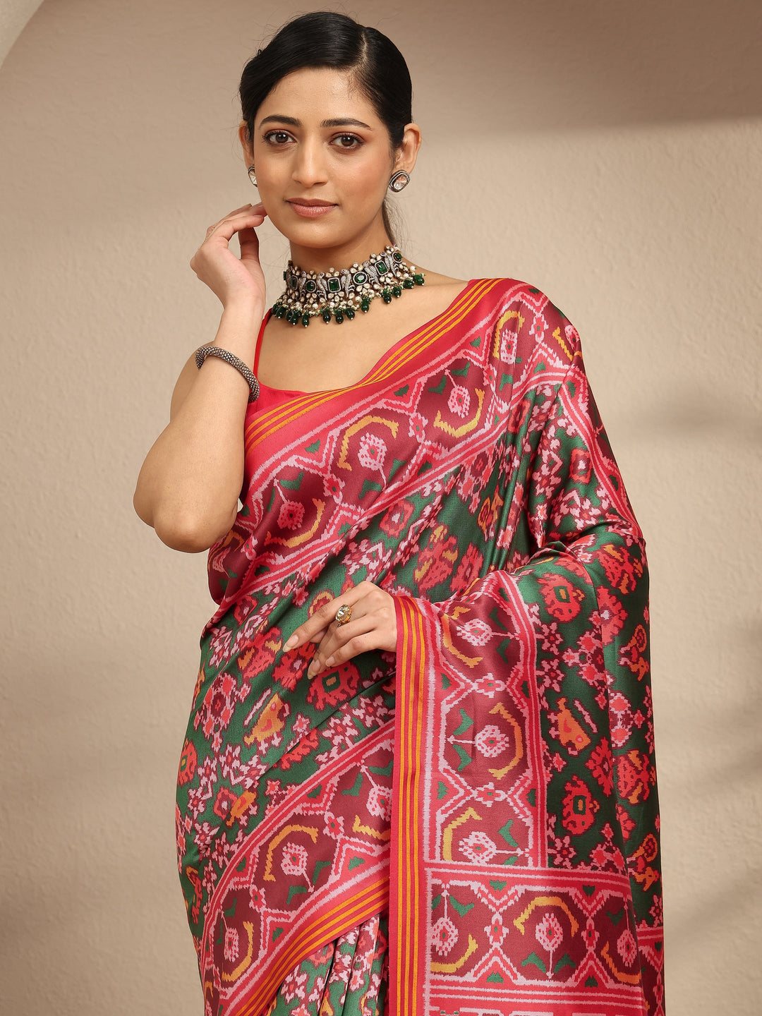  Green Printed Silk Saree With Unstitched Blouse Piece 
