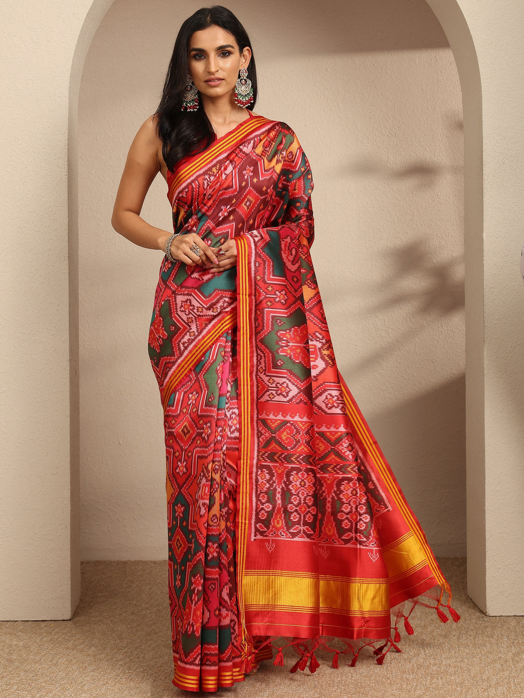  Multi Printed Silk Saree With Unstitched Blouse Piece 