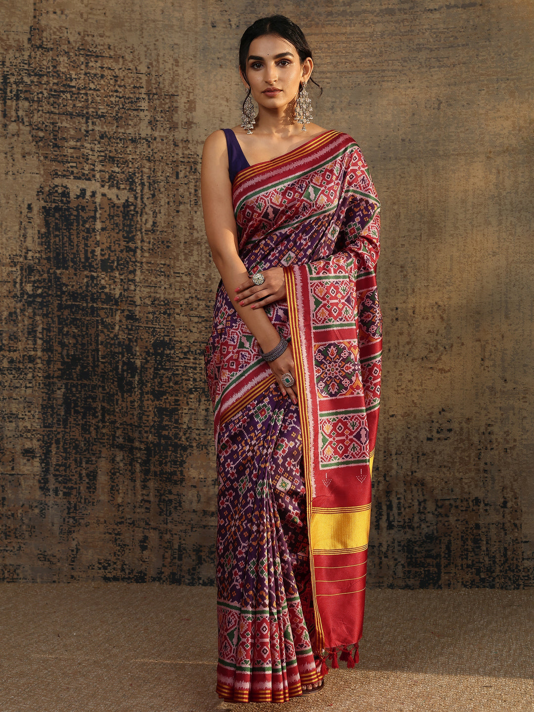  Purple Printed Silk Saree With Unstitched Blouse Piece 