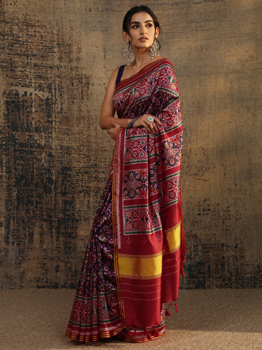  Purple Printed Silk Saree With Unstitched Blouse Piece 