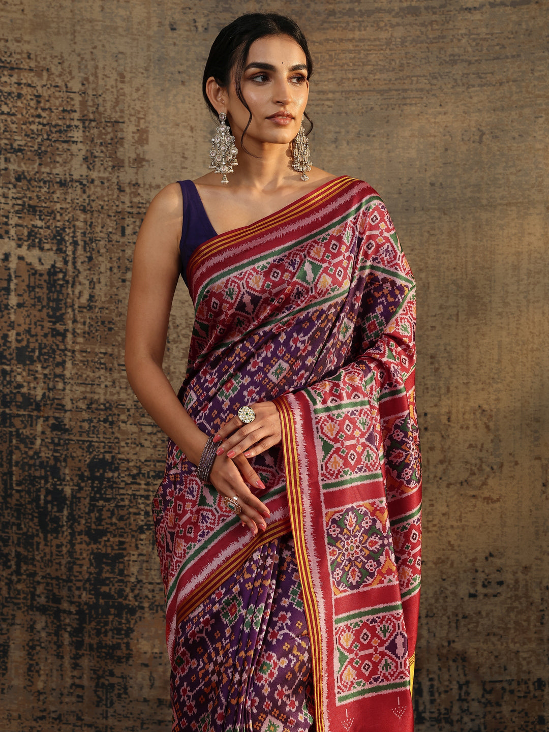  Purple Printed Silk Saree With Unstitched Blouse Piece 