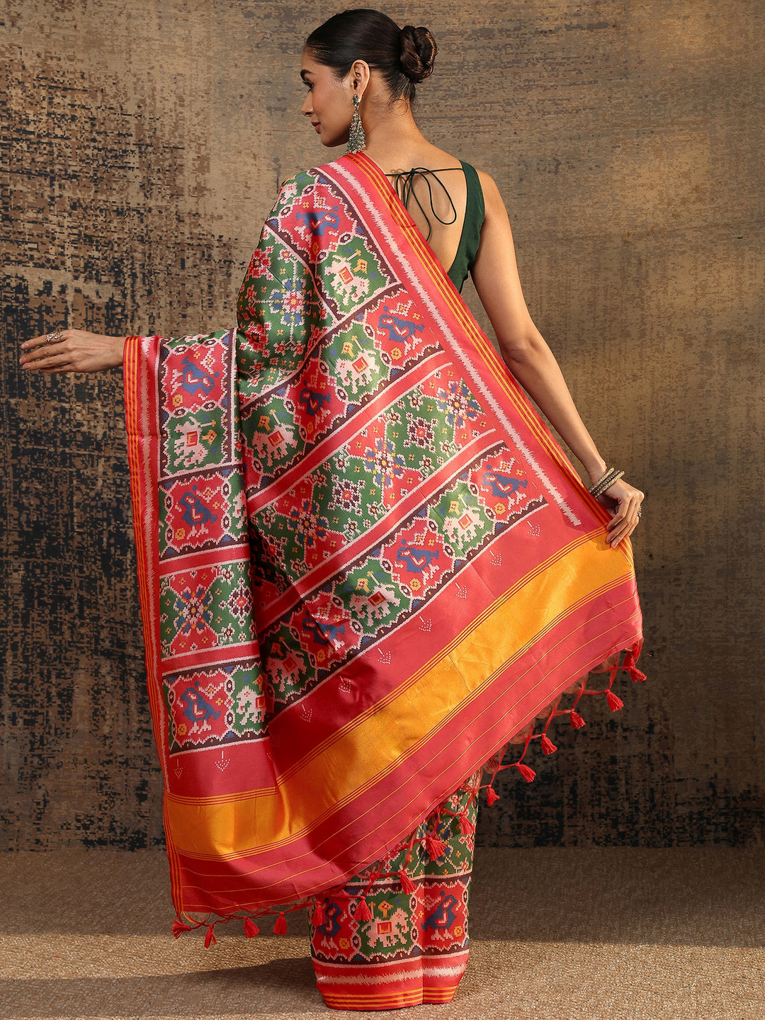  Red Ikat Printed Silk Saree With Unstitched Blouse Piece 
