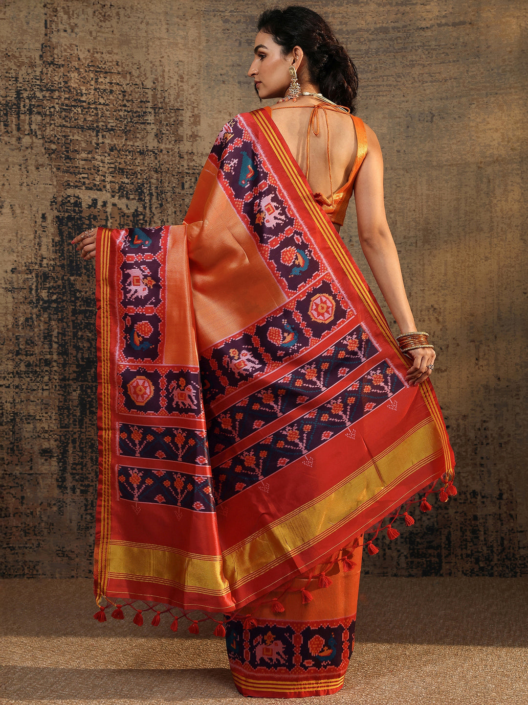  Orange Ikat Solid Silk Saree With Unstitched Blouse Piece 