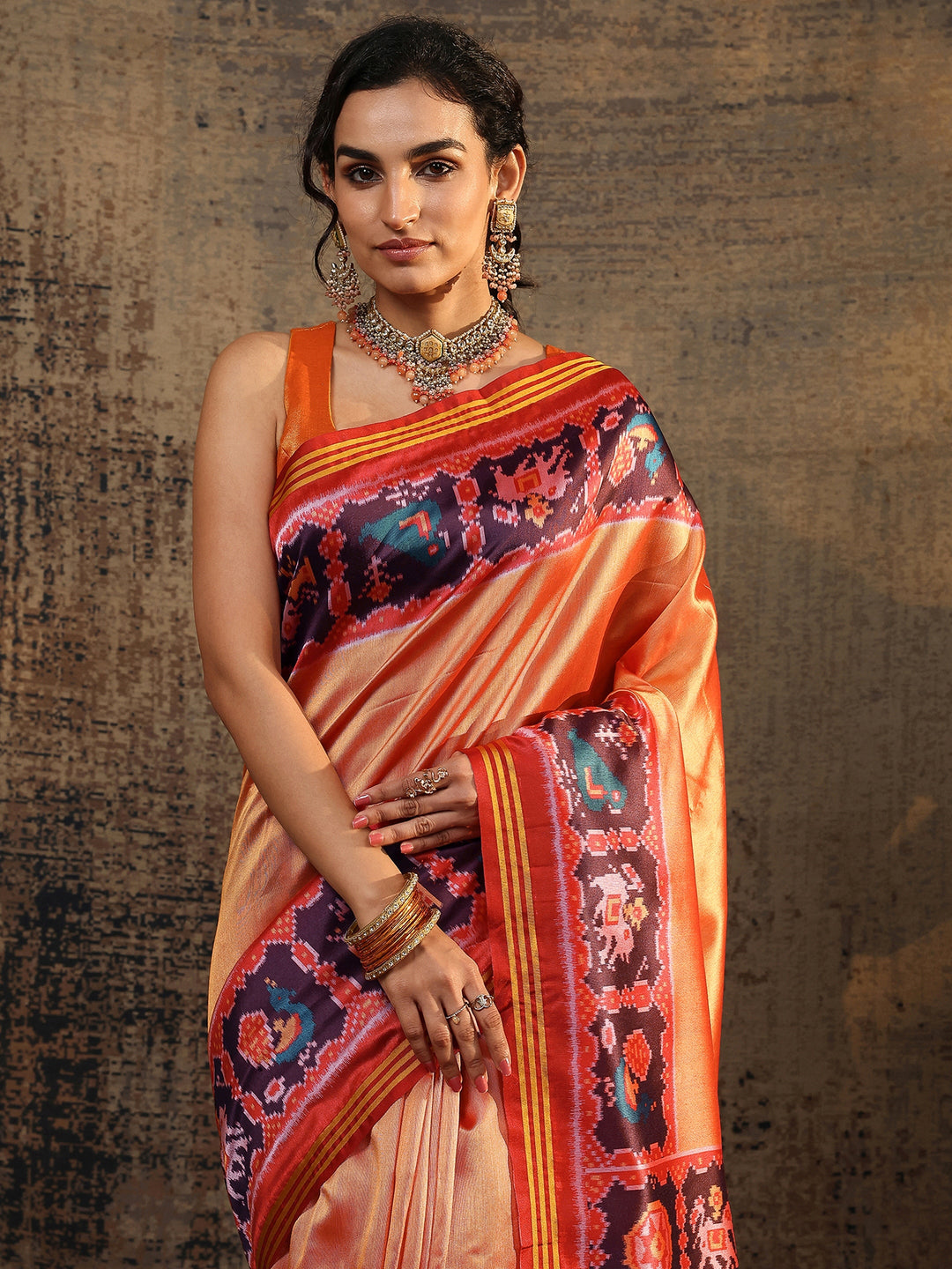  Orange Ikat Solid Silk Saree With Unstitched Blouse Piece 