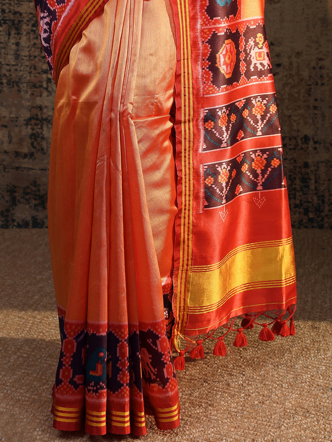  Orange Ikat Solid Silk Saree With Unstitched Blouse Piece 