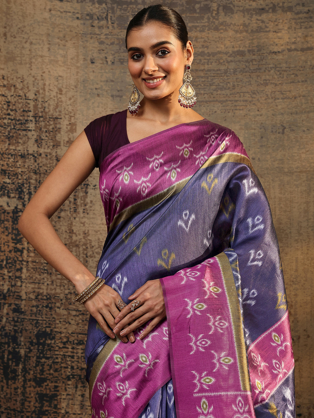  Purple Ikat Printed Silk Saree With Unstitched Blouse Piece 
