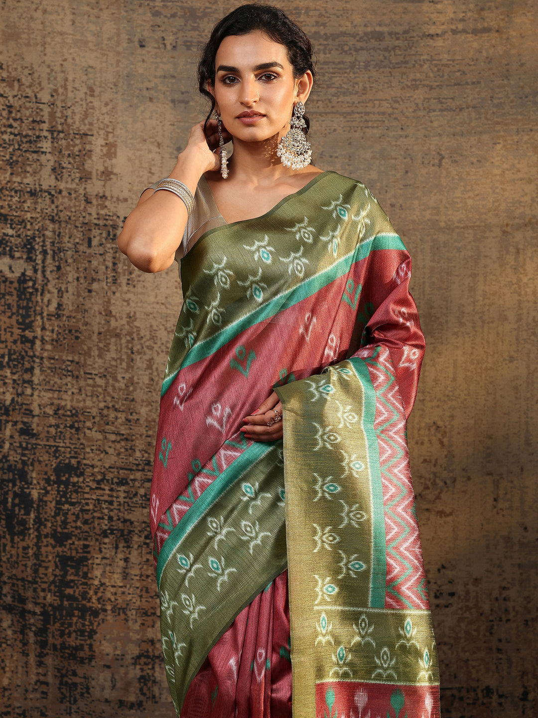  Green Ikat Printed Silk Saree With Unstitched Blouse Piece 