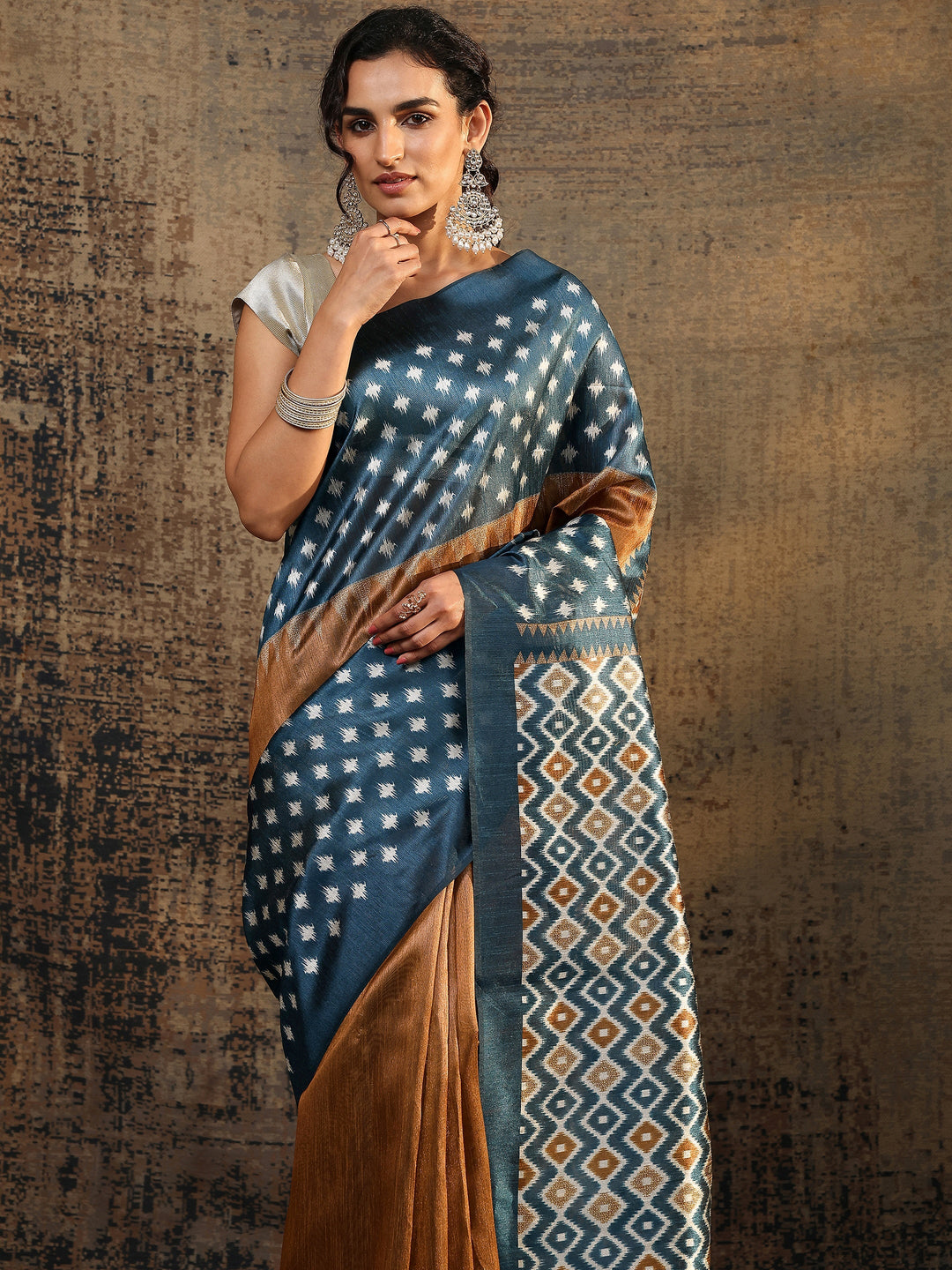  Navy Blue Ikat Solid Silk Saree With Unstitched Blouse Piece 