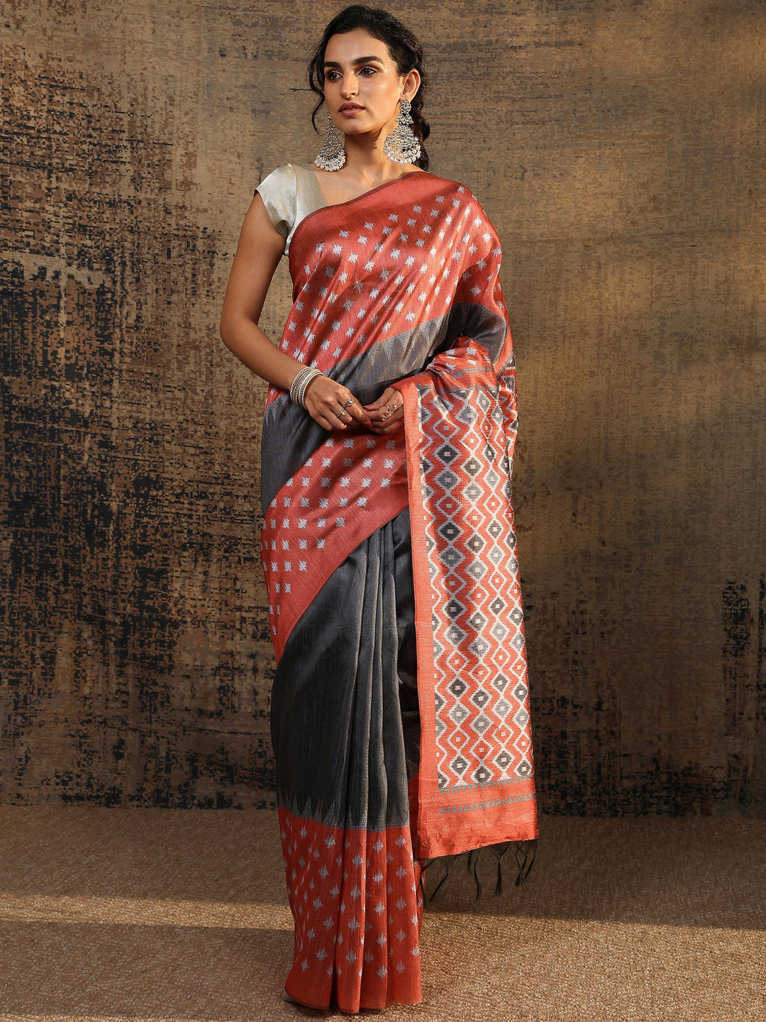  Red Ikat Solid Silk Saree With Unstitched Blouse Piece 