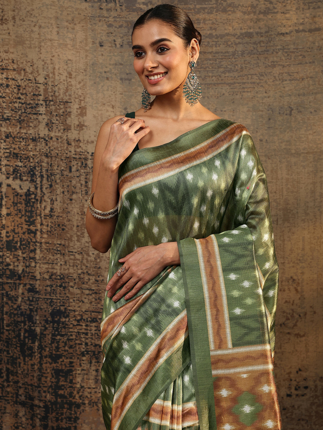  Olive Ikat Printed Silk Saree With Unstitched Blouse Piece 