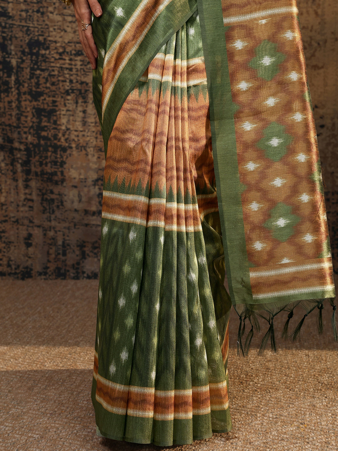  Olive Ikat Printed Silk Saree With Unstitched Blouse Piece 
